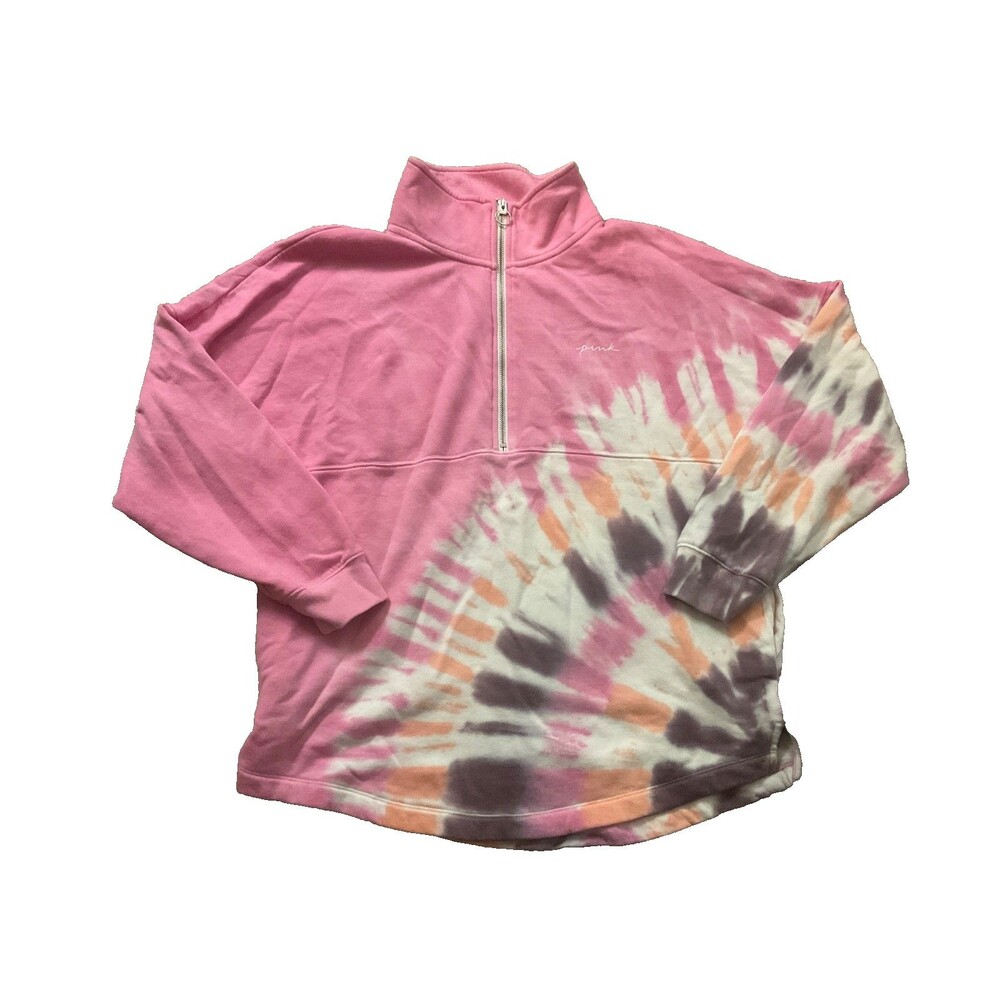 Victoria's Secret Pink Sweatshirt Varsity Half Zip Color Tie Dye Pink Size PS